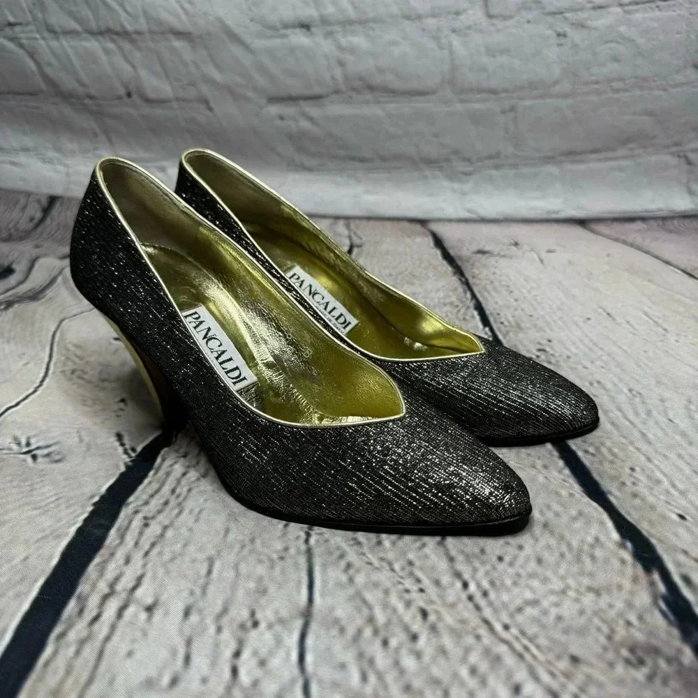 Pancaldi Black and Gold Metallic Heels Wome size 7B